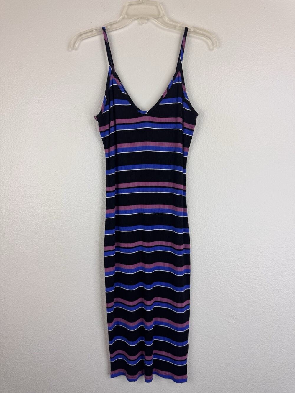 Express Striped Rib Knit Midi Bodycon V-Neck Slip Dress Black Purple Blue M